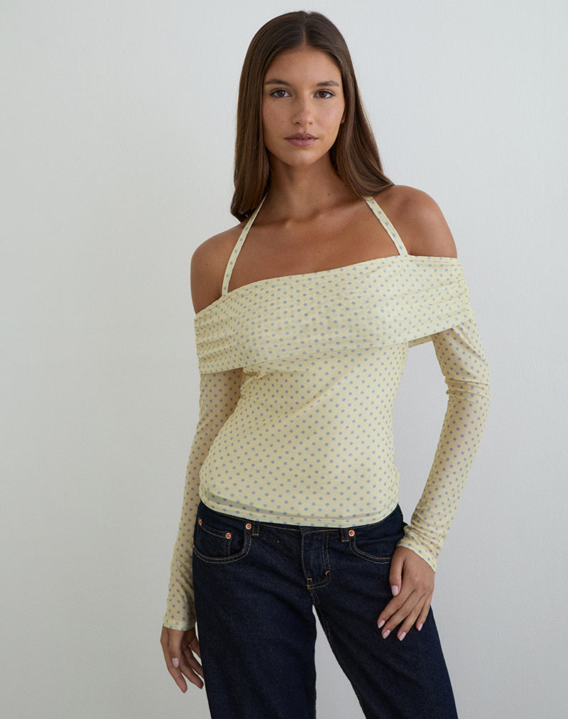 Image of Nunik Halterneck Top in Yellow with Compact Grey Polka