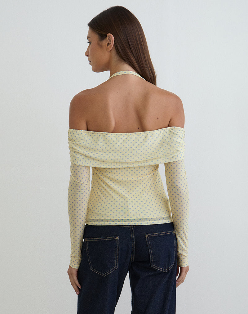 Image of Nunik Halterneck Top in Yellow with Compact Grey Polka