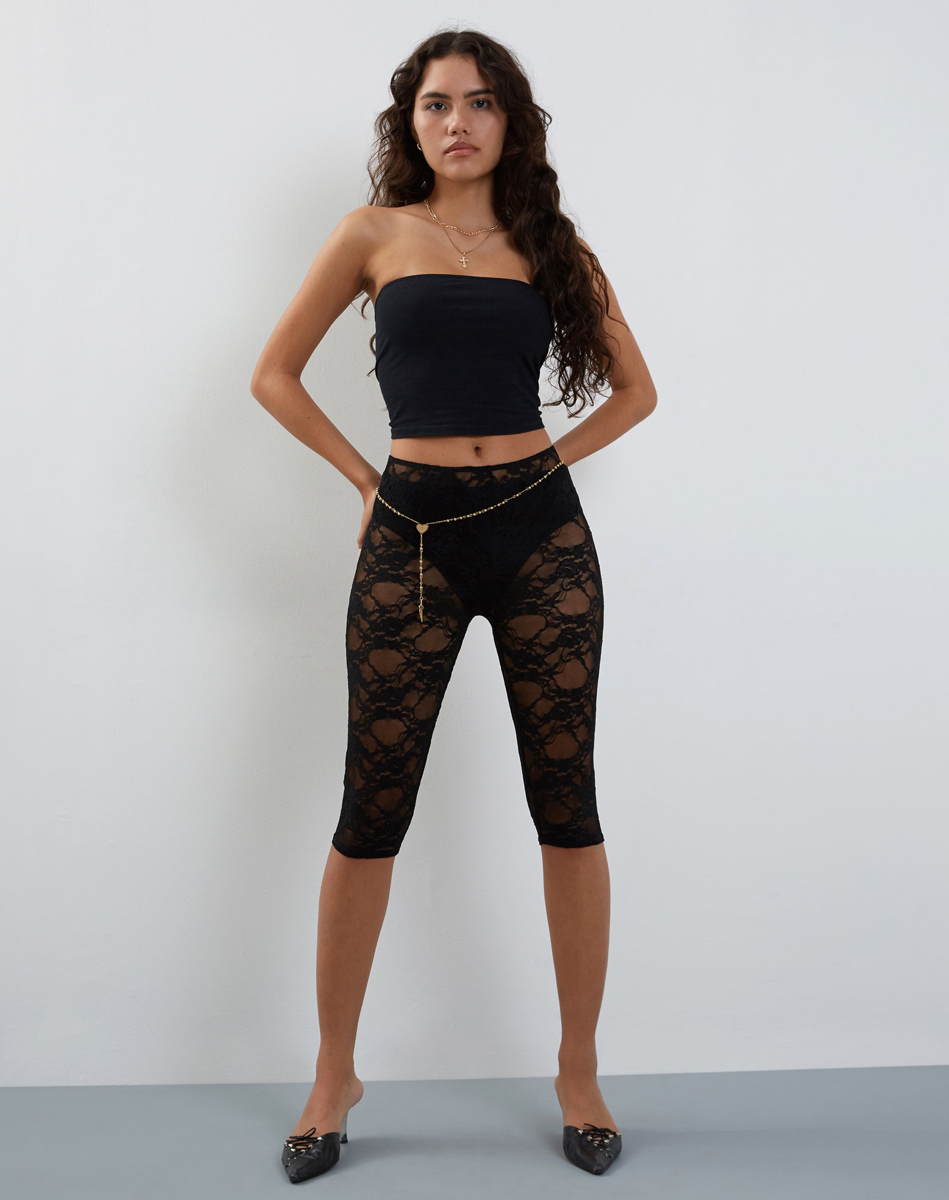 Image of Tuka Lace Cropped Capri Shorts in Black