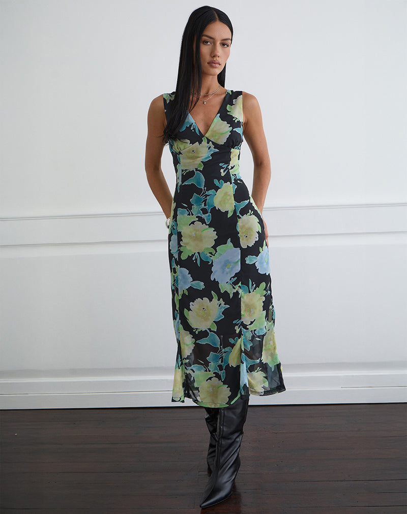Black Chiffon with Crystal Flower Print Midi Dress | Olydia