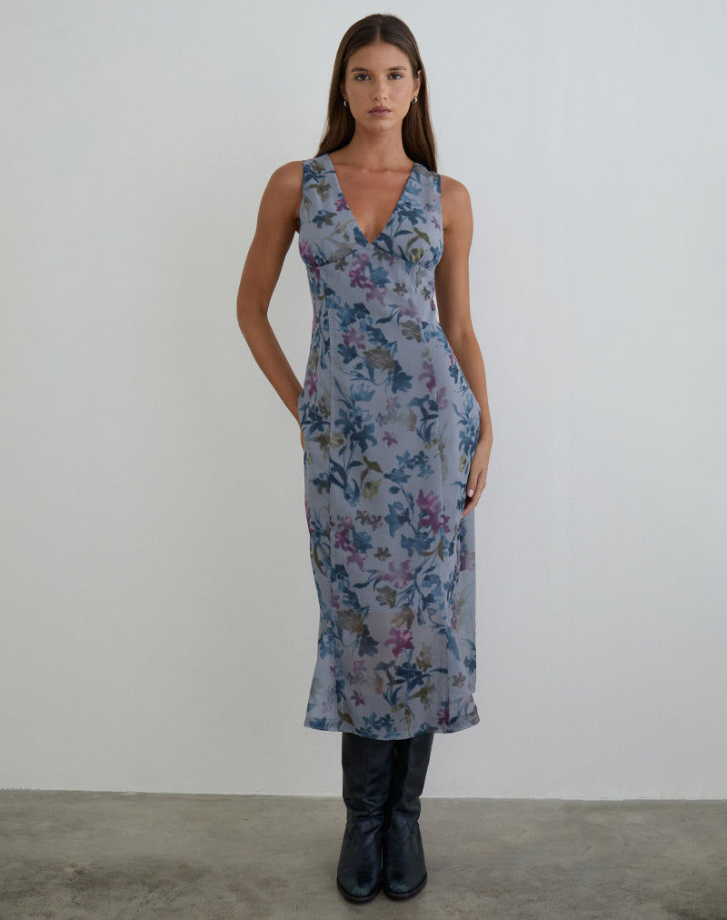 Blue Lily V Neck Midi Dress