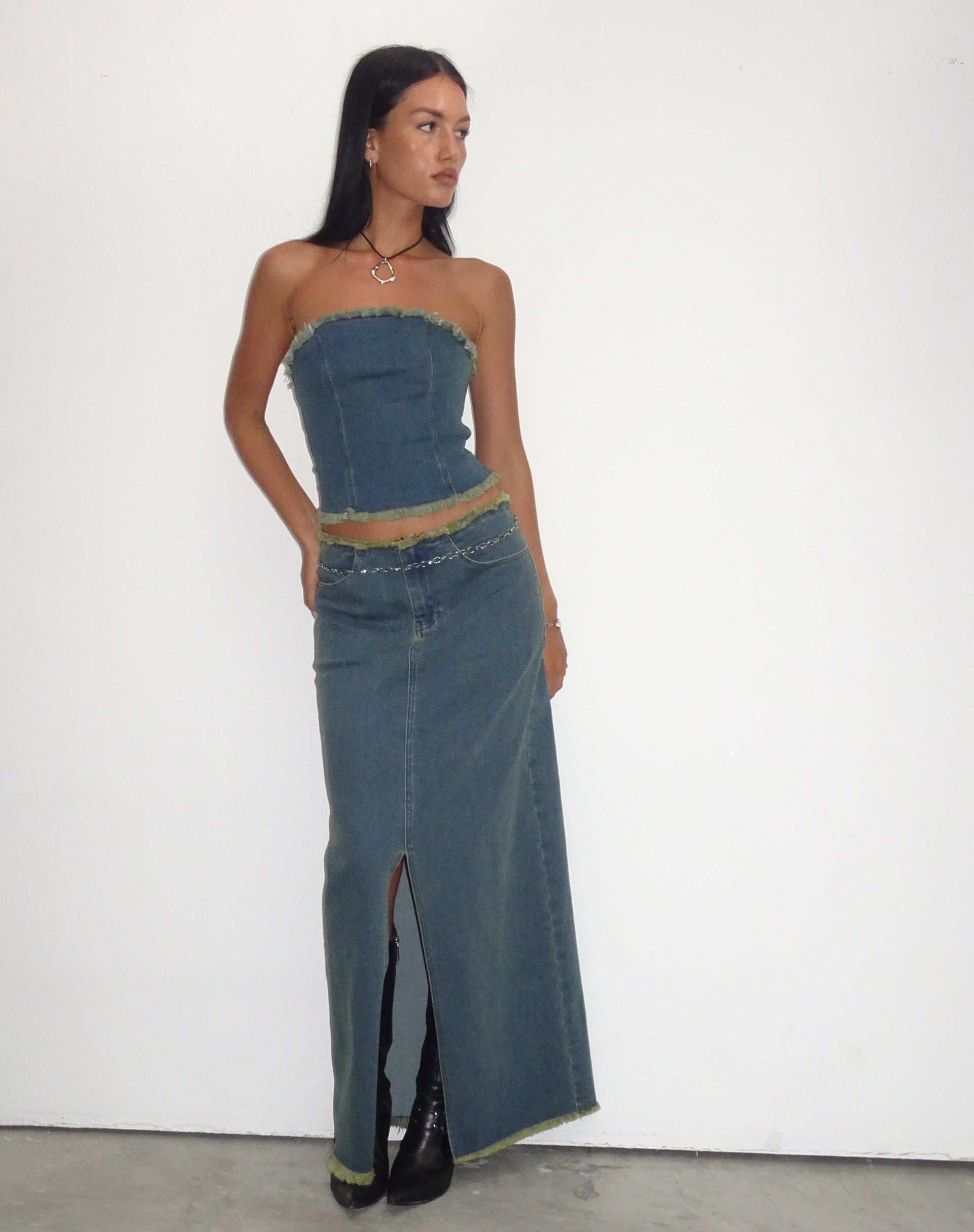 Image of Zaenap Frayed Denim Maxi Skirt in Brown Blue Acid