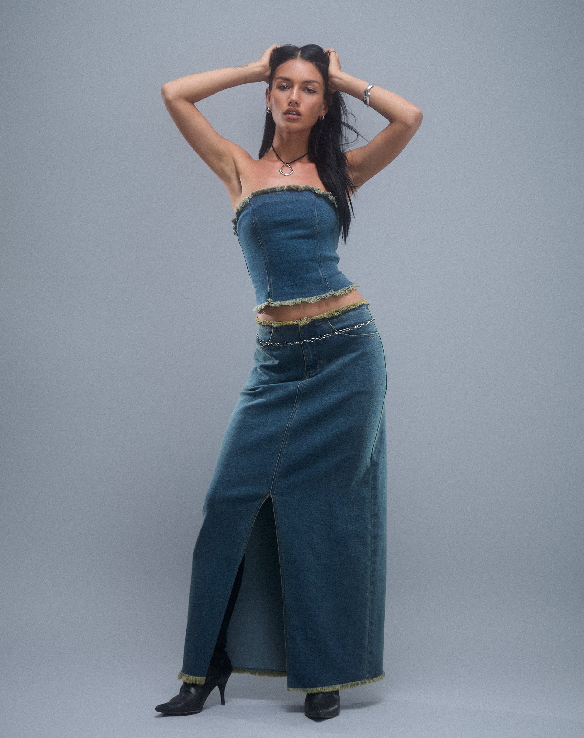 Image of Omas Denim Bandeau Top in Brown Blue Acid Wash