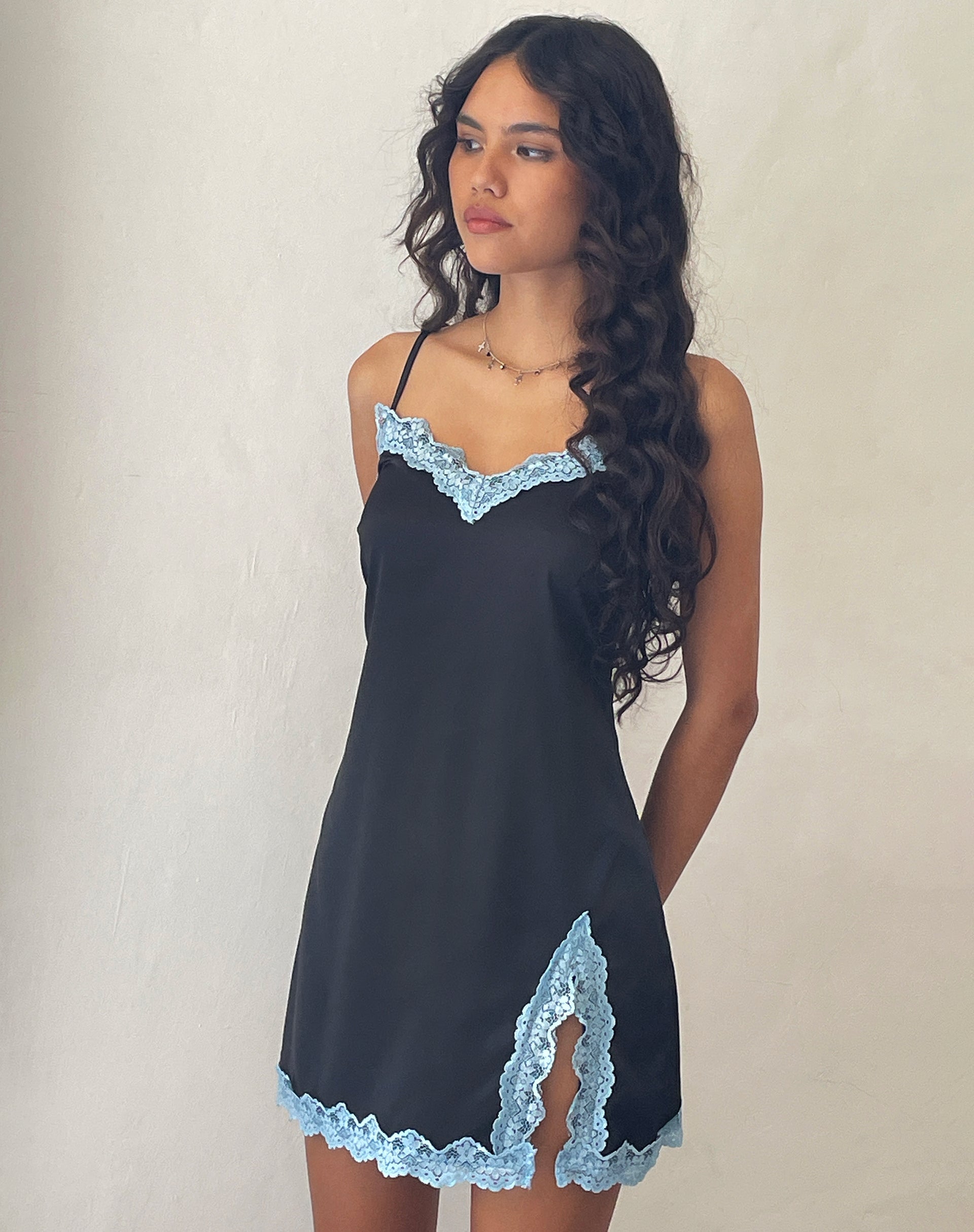 Women's Oming Slip Mini Dress in Black with Blue Lace, M , V Neck , Zip Up Women's Oming Slip Mini Dress in Black with Blue Lace, M , V Neck , Zip Up