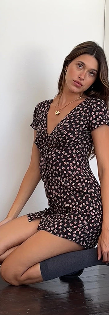 Red Rose Ditsy Black Mini Dress | Omoni – motelrocks-com-us