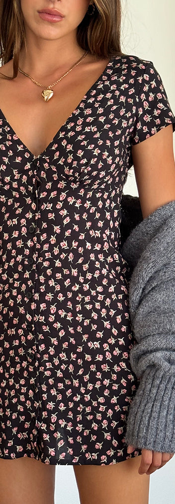 Red Rose Ditsy Black Mini Dress | Omoni – motelrocks-com-us