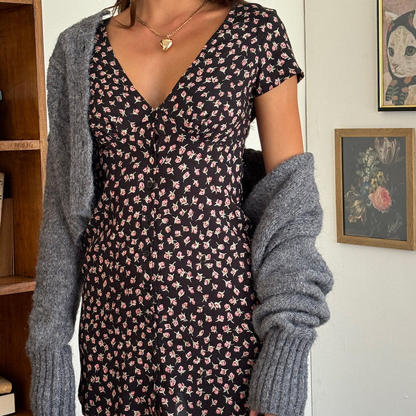 Red Rose Ditsy Black Mini Dress | Omoni – motelrocks-com-us