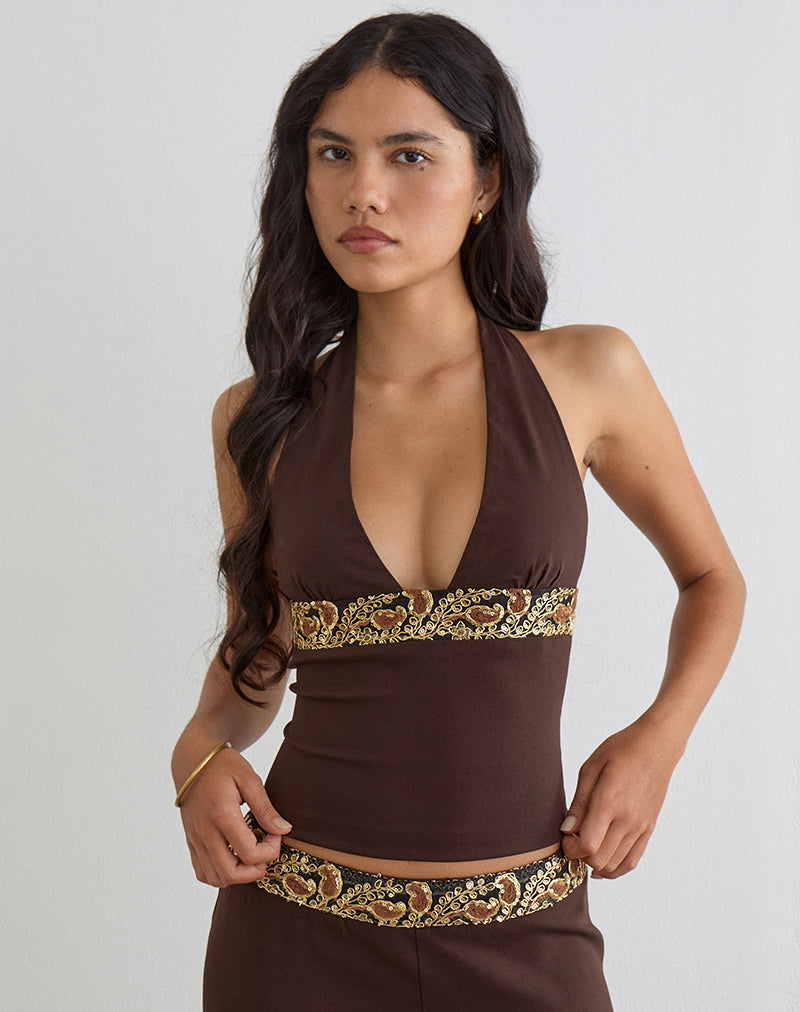 Orvio Halter Top in Brown with Embroidered Sequin Trim