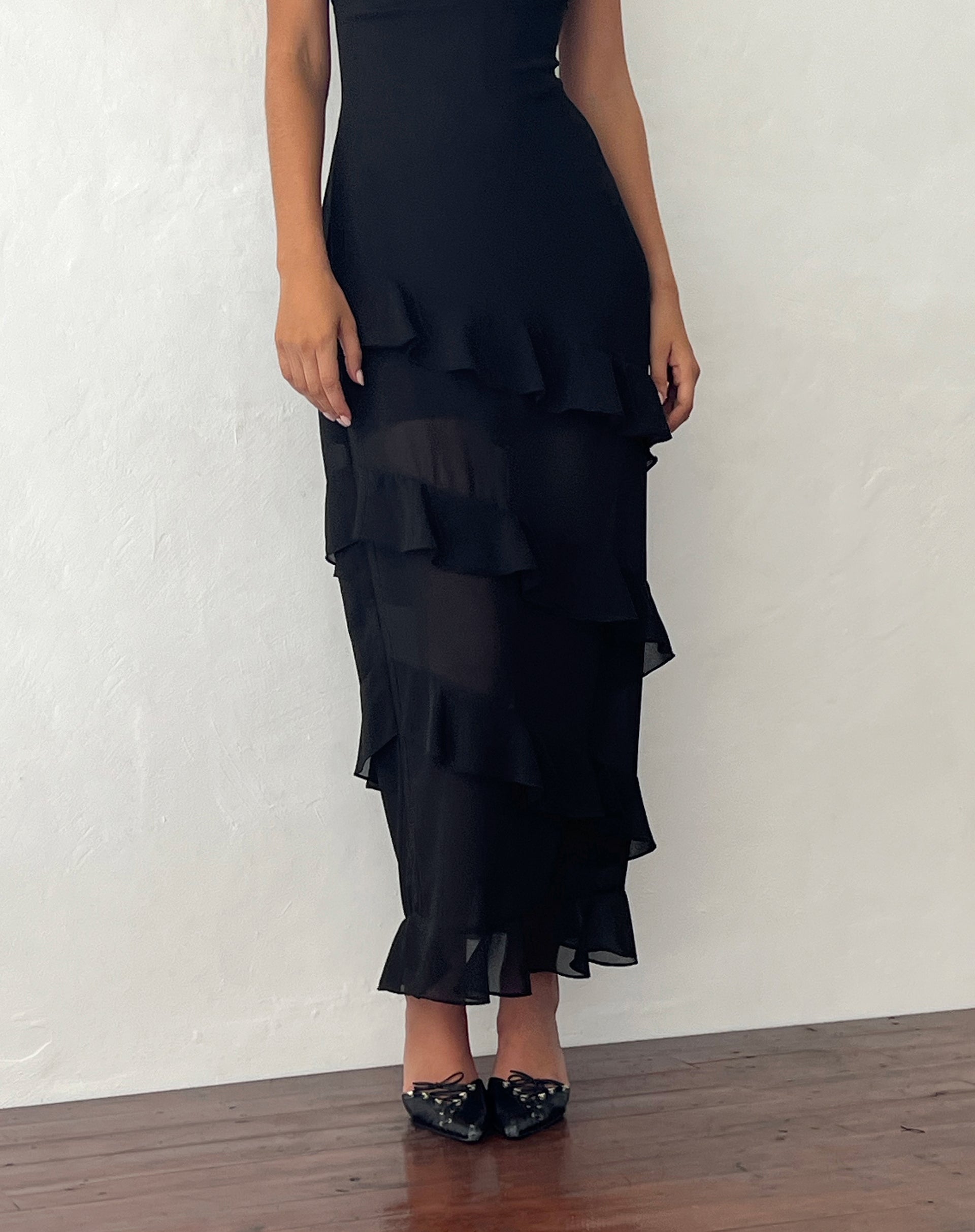 Otna Ruffle Detail Chiffon Maxi Dress in Black Otna Ruffle Detail Chiffon Maxi Dress in Black