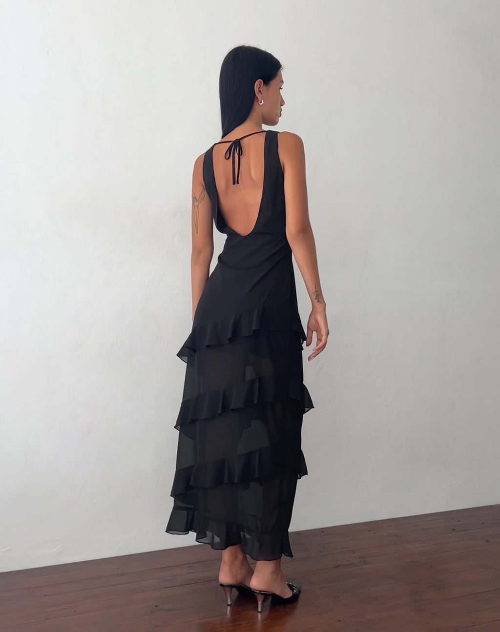 Otna Ruffle Detail Chiffon Maxi Dress in Black