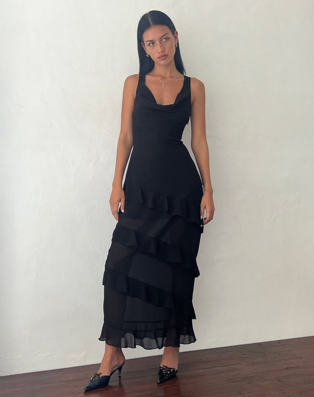 Otna Ruffle Detail Chiffon Maxi Dress in Black