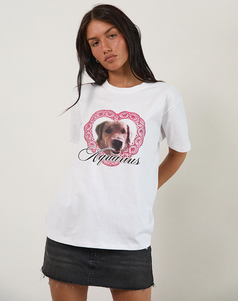 Image of Oversized Basic Tee in White with Aquarius Dog Graphic