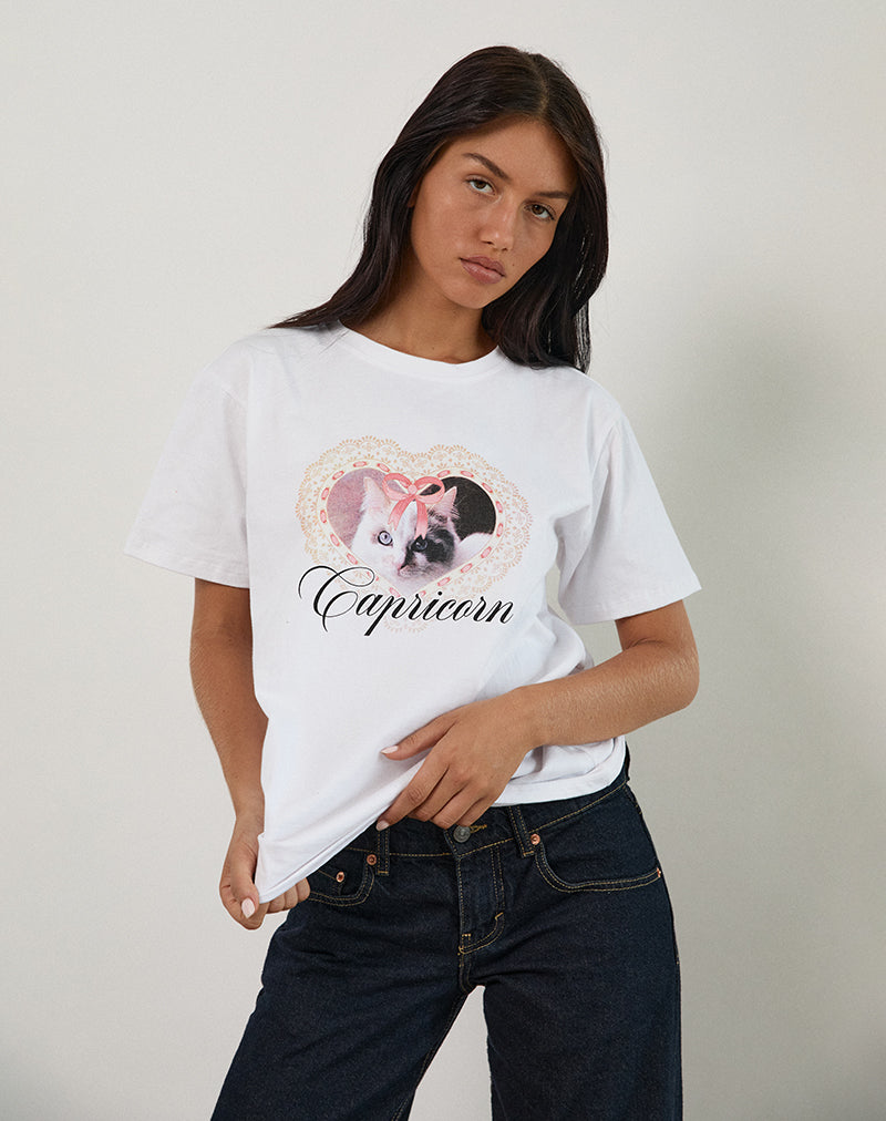 Oversize Basic Tee in White with Capricorn Motel Pet Print