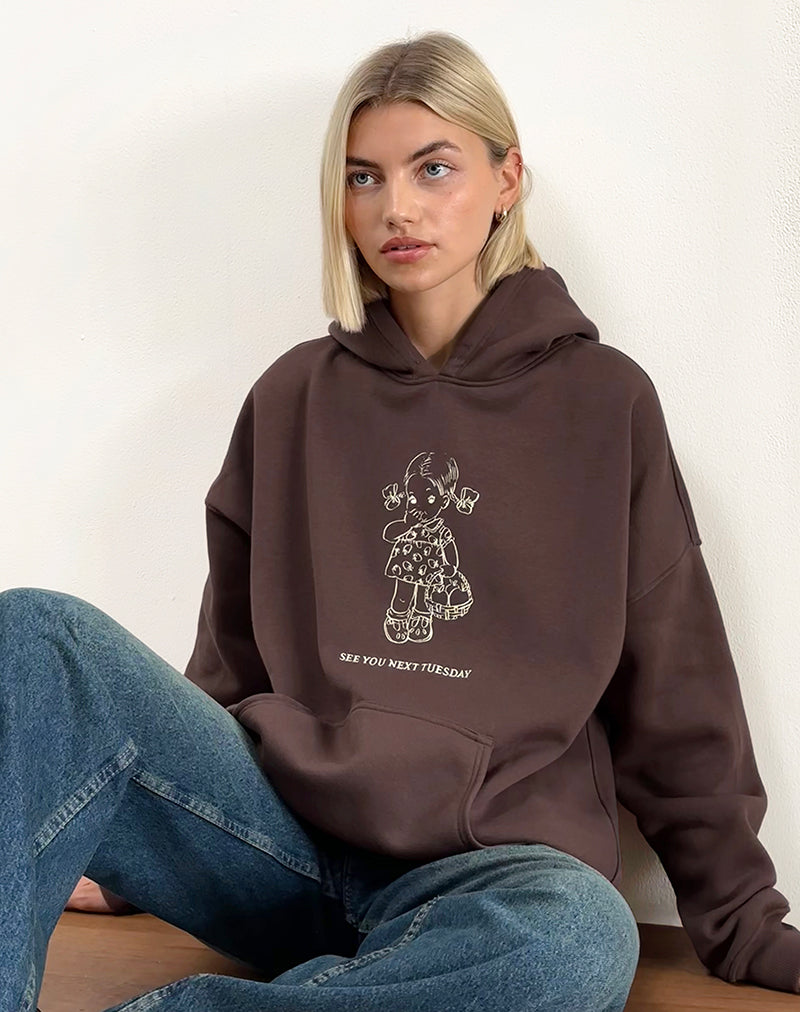 Oversize Hoodie in Deep Mahogany with See You Next Tuesday Print