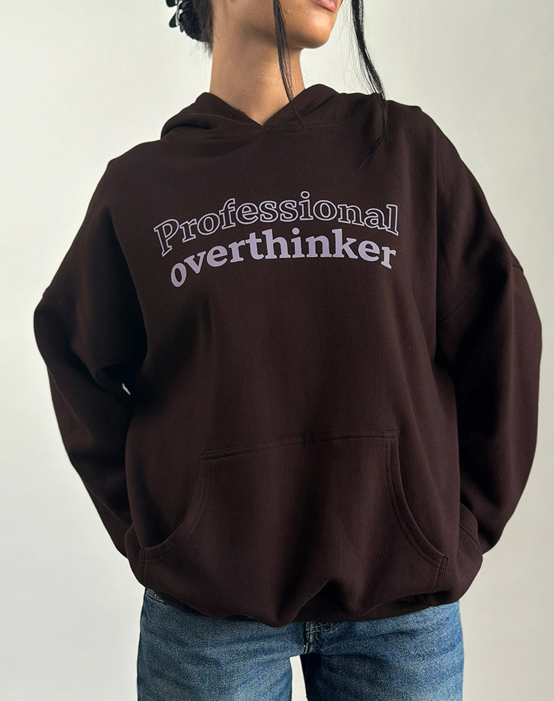 Bitter Chocolate Brown Oversized Hoodie with Overthinker Print