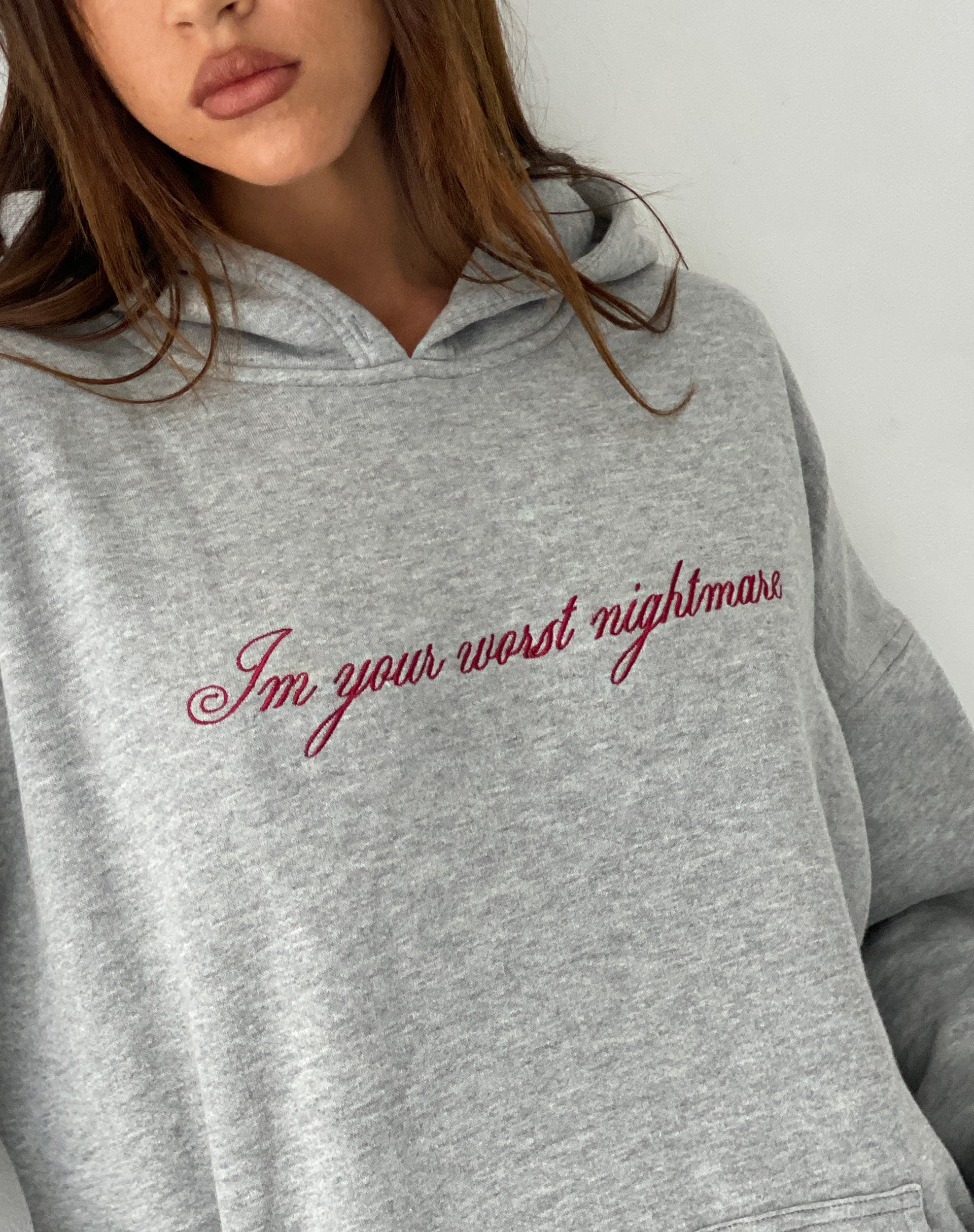 Grey Marl with Worst Nightmare Embroidery Hoodie