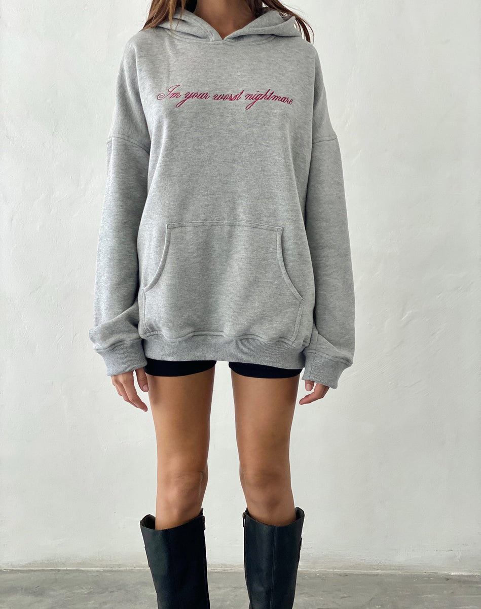 Grey Marl with Worst Nightmare Embroidery Hoodie | Oversized – motelrocks-com-us