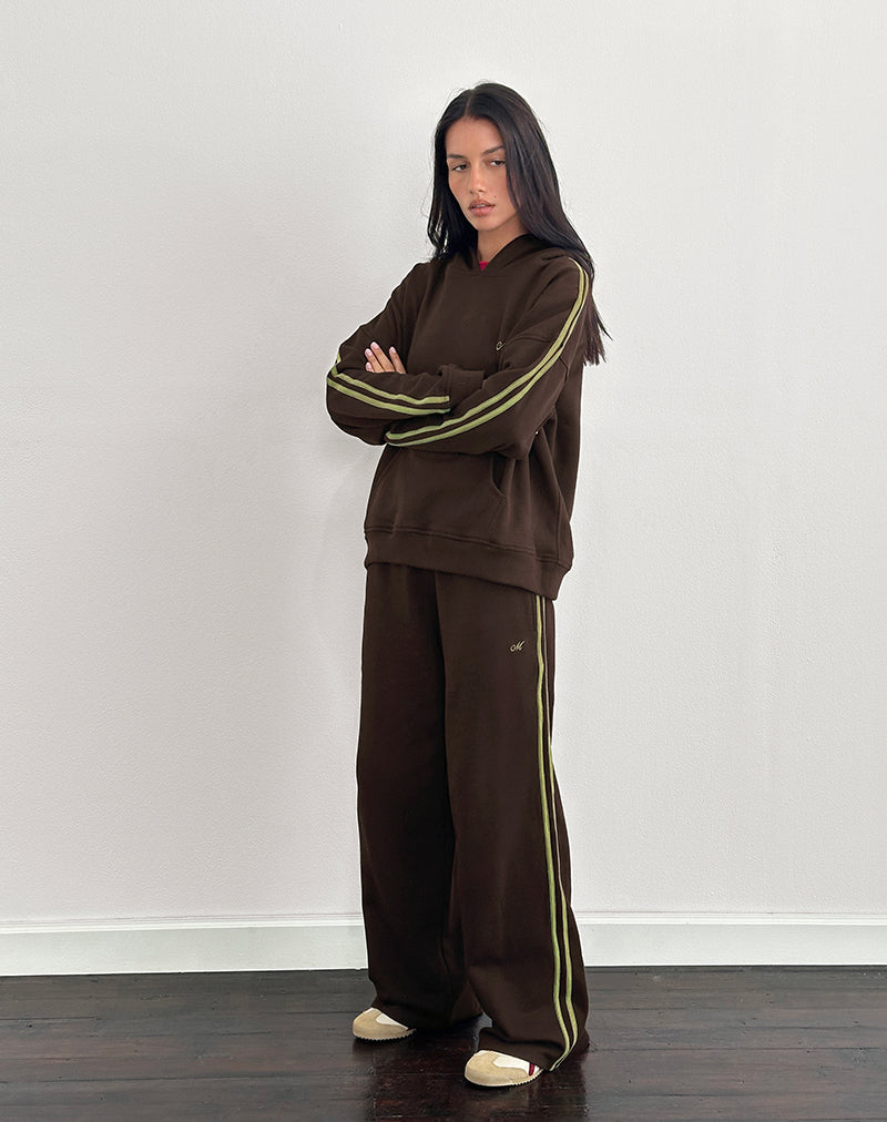 Image of Oze Trackpant in Bitter Chocolate with Green Binding and M Embroidery