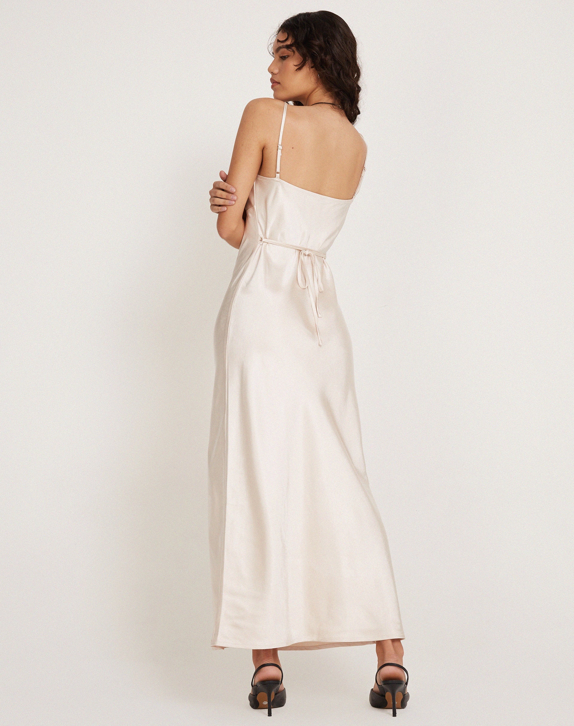 Satin Pearled Ivory Midi Dress | Padil – motelrocks-com-us