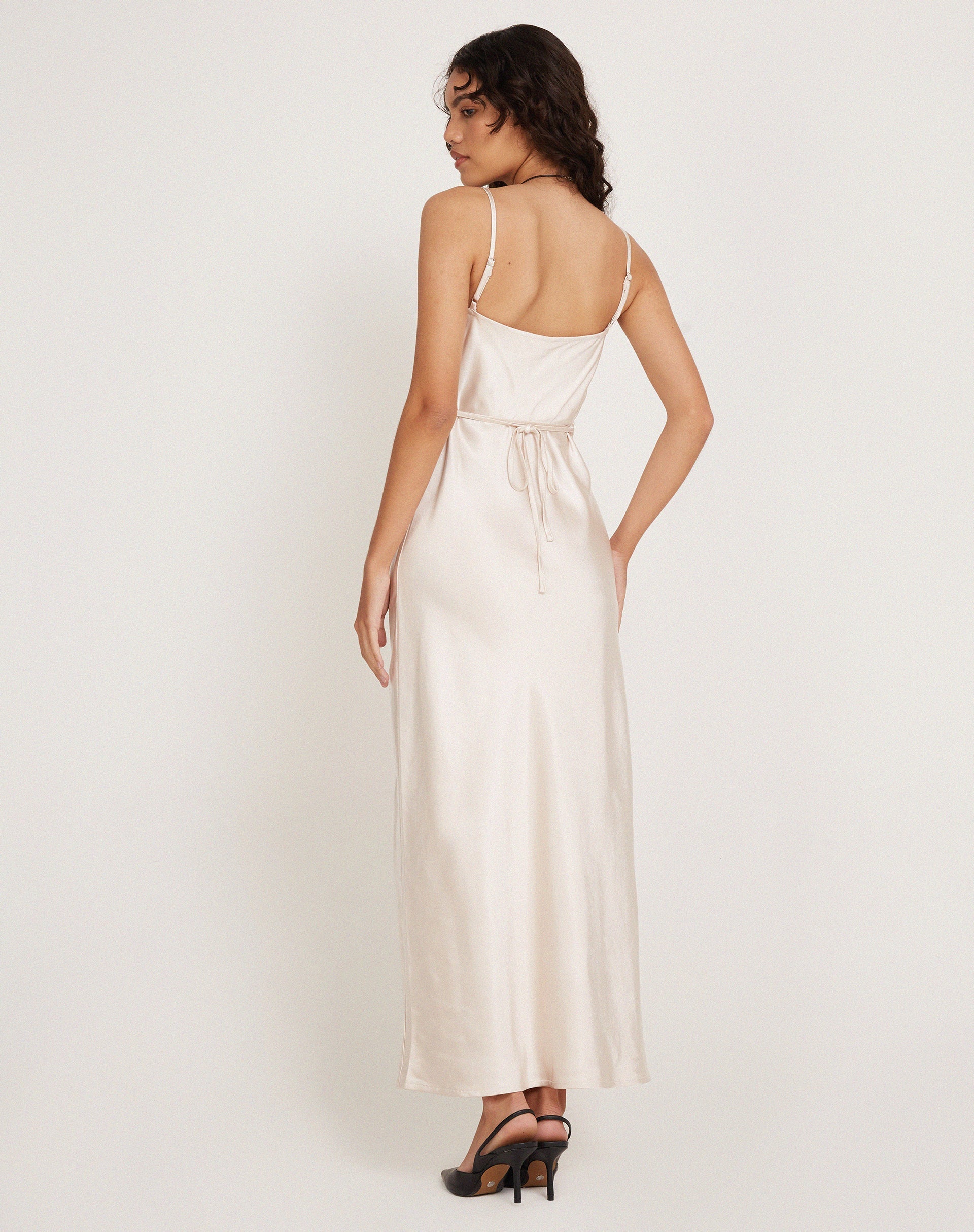 Satin Pearled Ivory Midi Dress | Padil – motelrocks-com-us