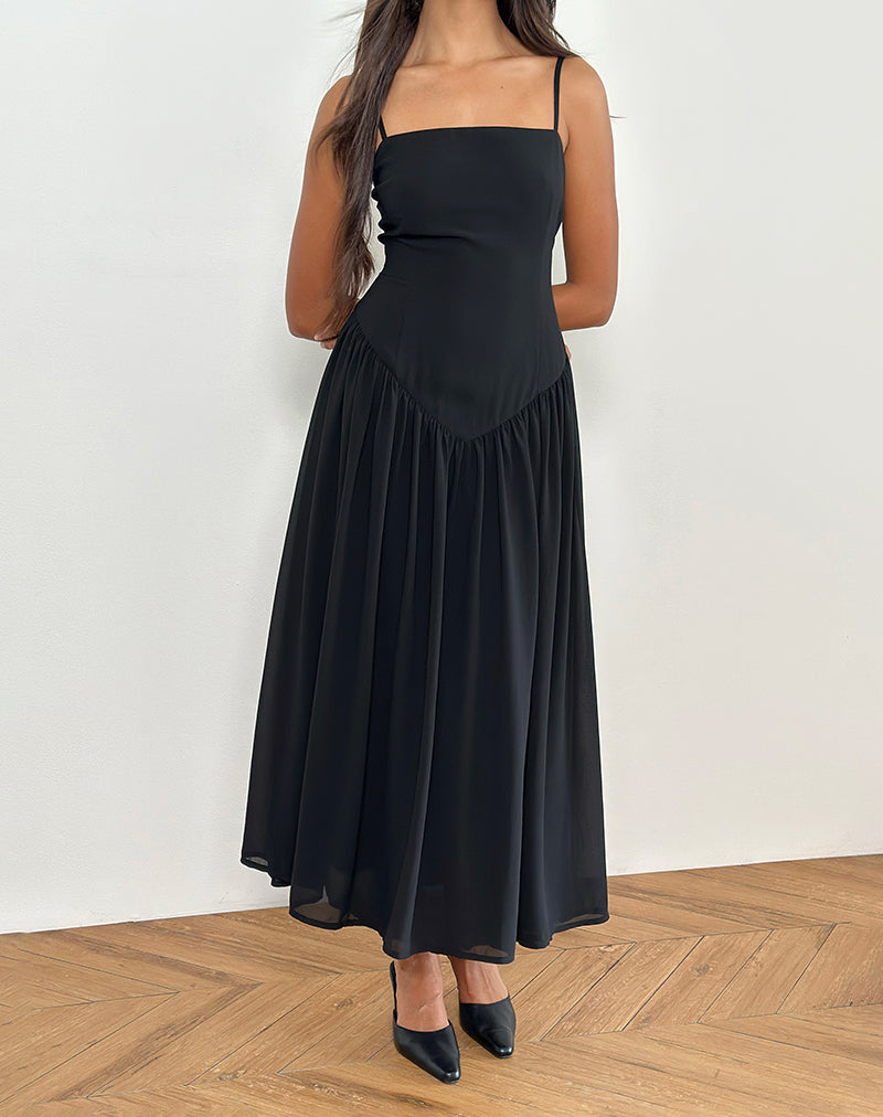 Image of Paduri Drop Waist Midi Dress in Chiffon Black