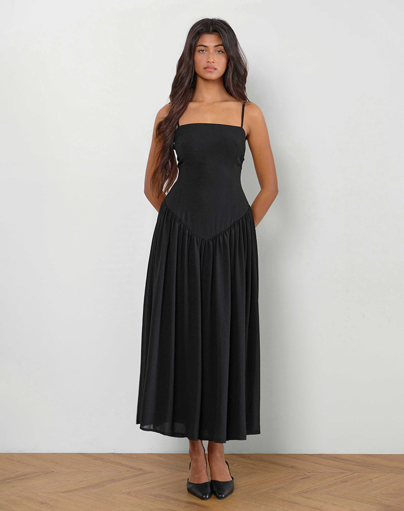 Image of Paduri Drop Waist Midi Dress in Chiffon Black