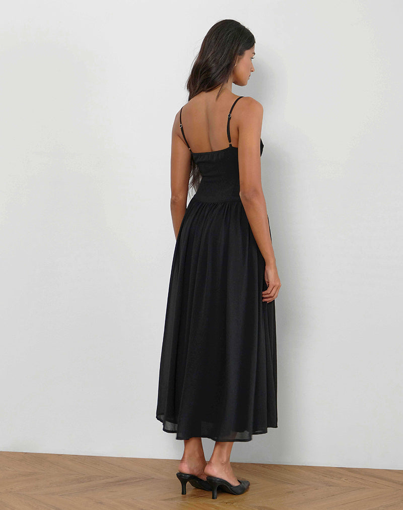 Image of Paduri Drop Waist Midi Dress in Chiffon Black