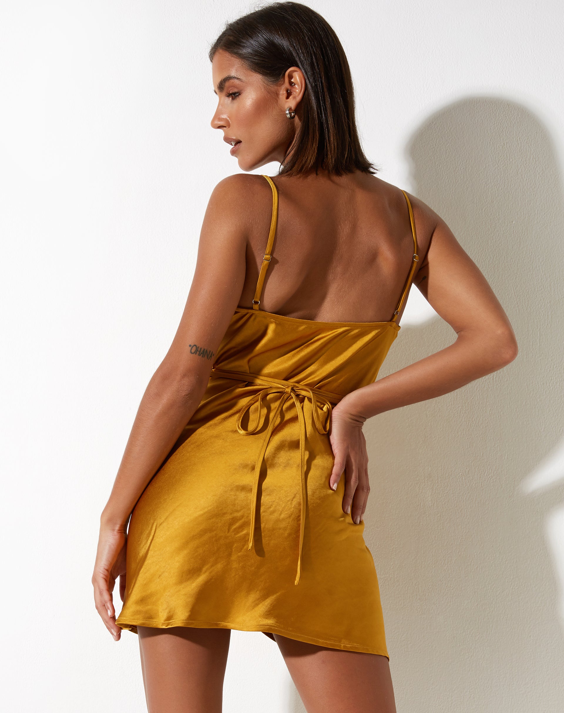 Cowl Neck Satin Mustard Mini Dress