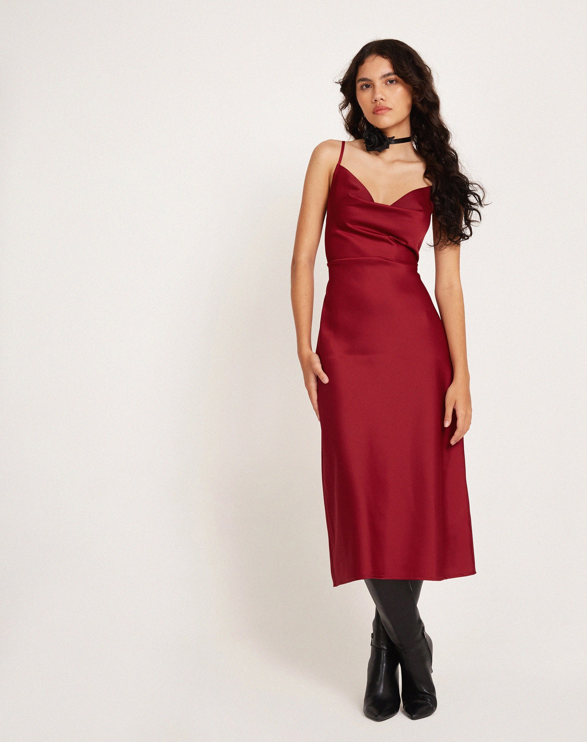 Red satin cheap dress midi