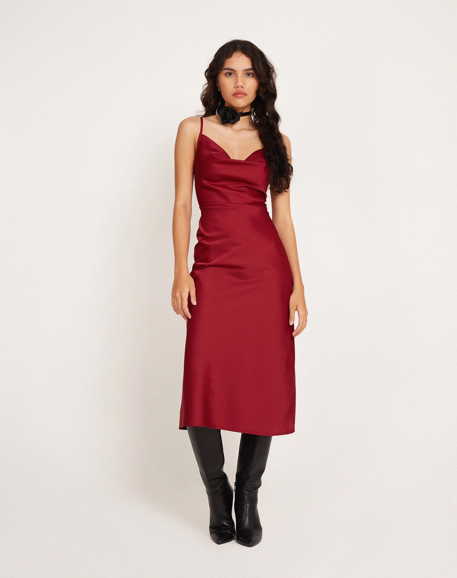 Satin Red Cowl Neck Midi Dress | Palasha – motelrocks-com-us