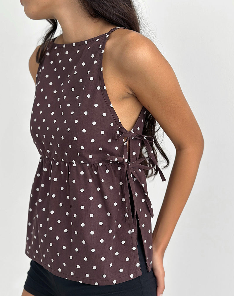 Image of Palsi Tie Side Top in Brown with Medium Polka White