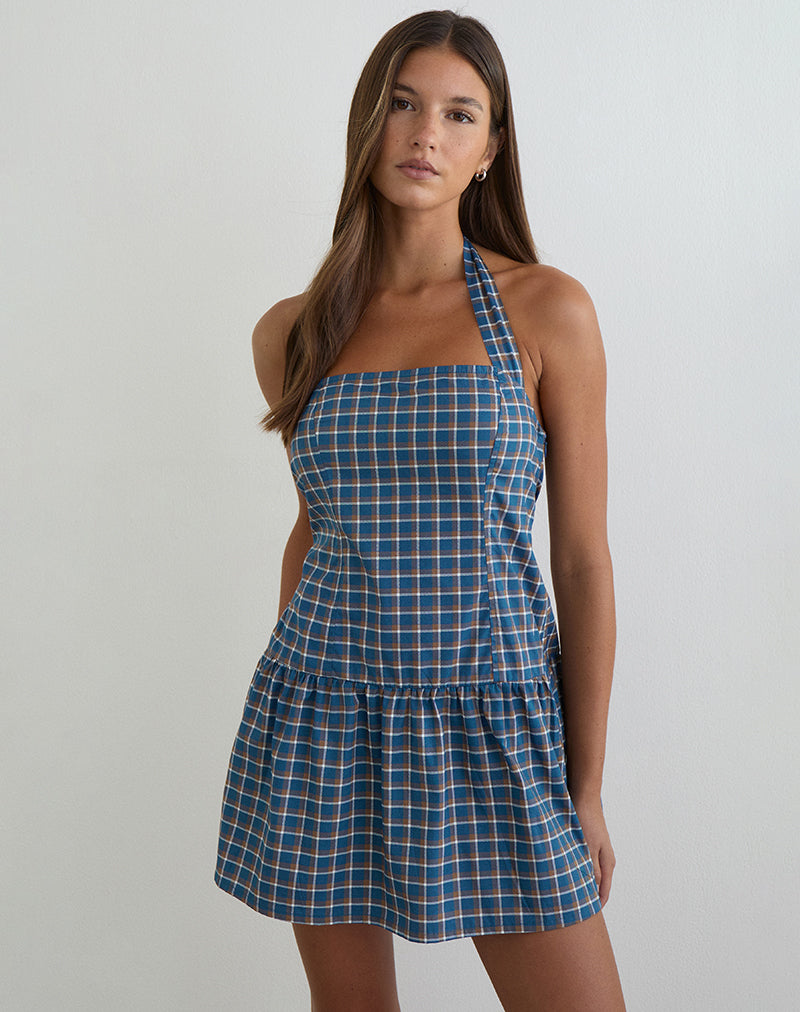 Panja Mini Halter Neck Dress in Medium Tartan Blue
