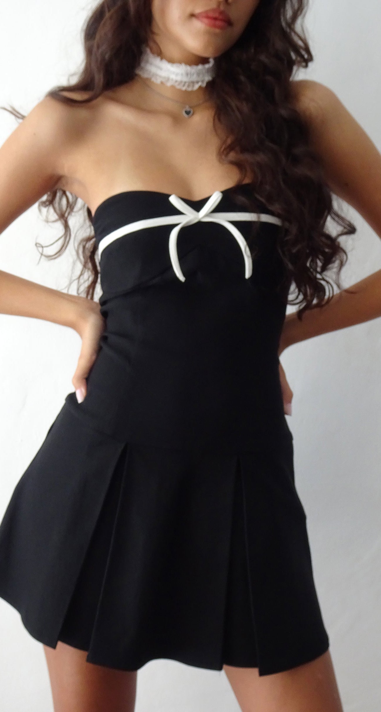 Bow Detail Mini Dress with Pleated Hem - Black main image 1