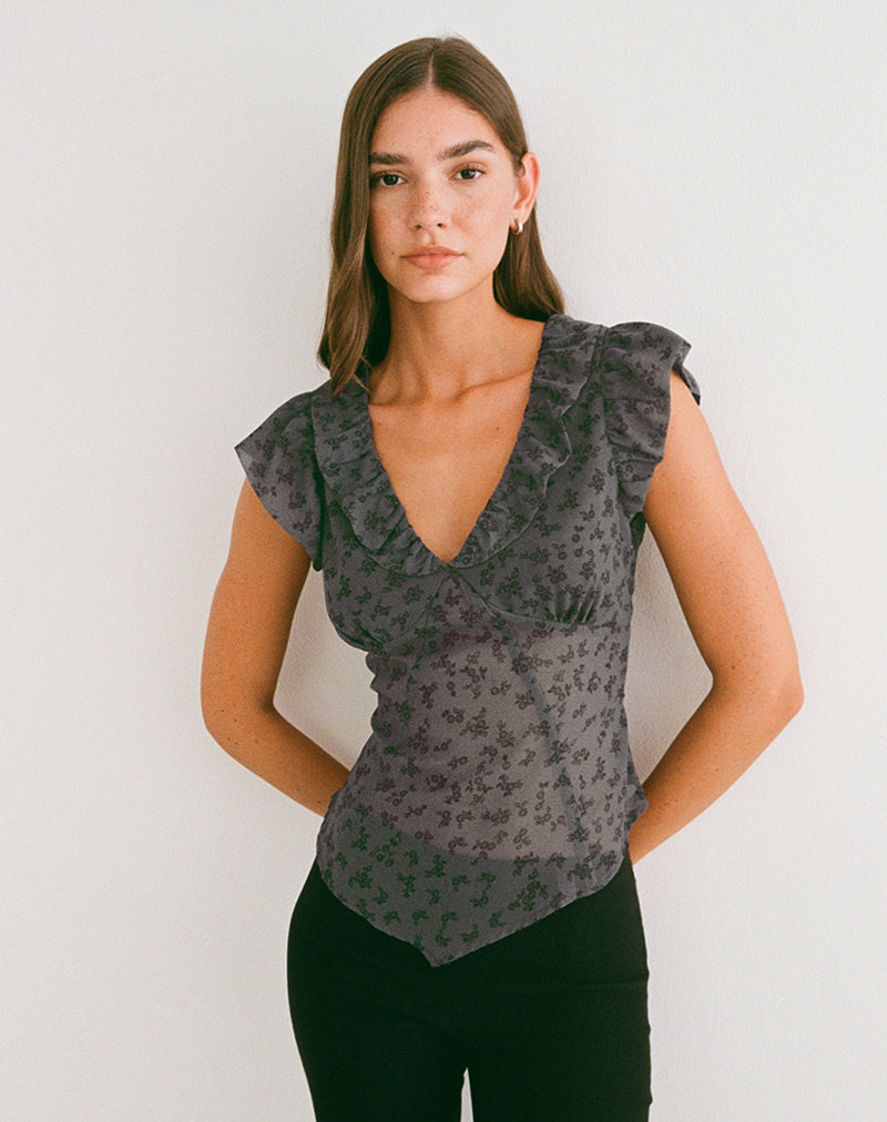 Image of Paquita Top in Chiffon Minimal Flower Dark Grey