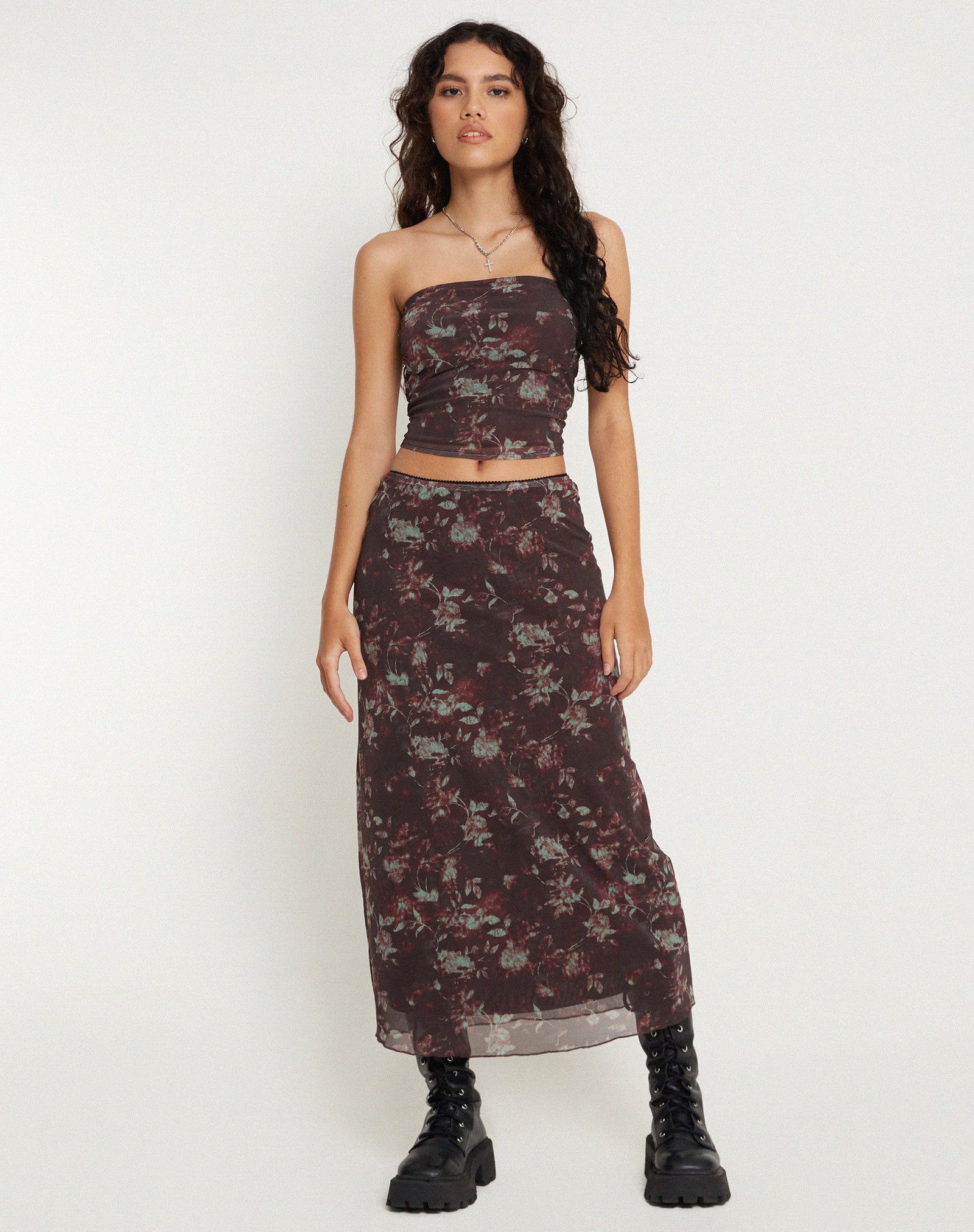 Botanical Floral Brown Low Rise Maxi Skirt | Lassie – motelrocks