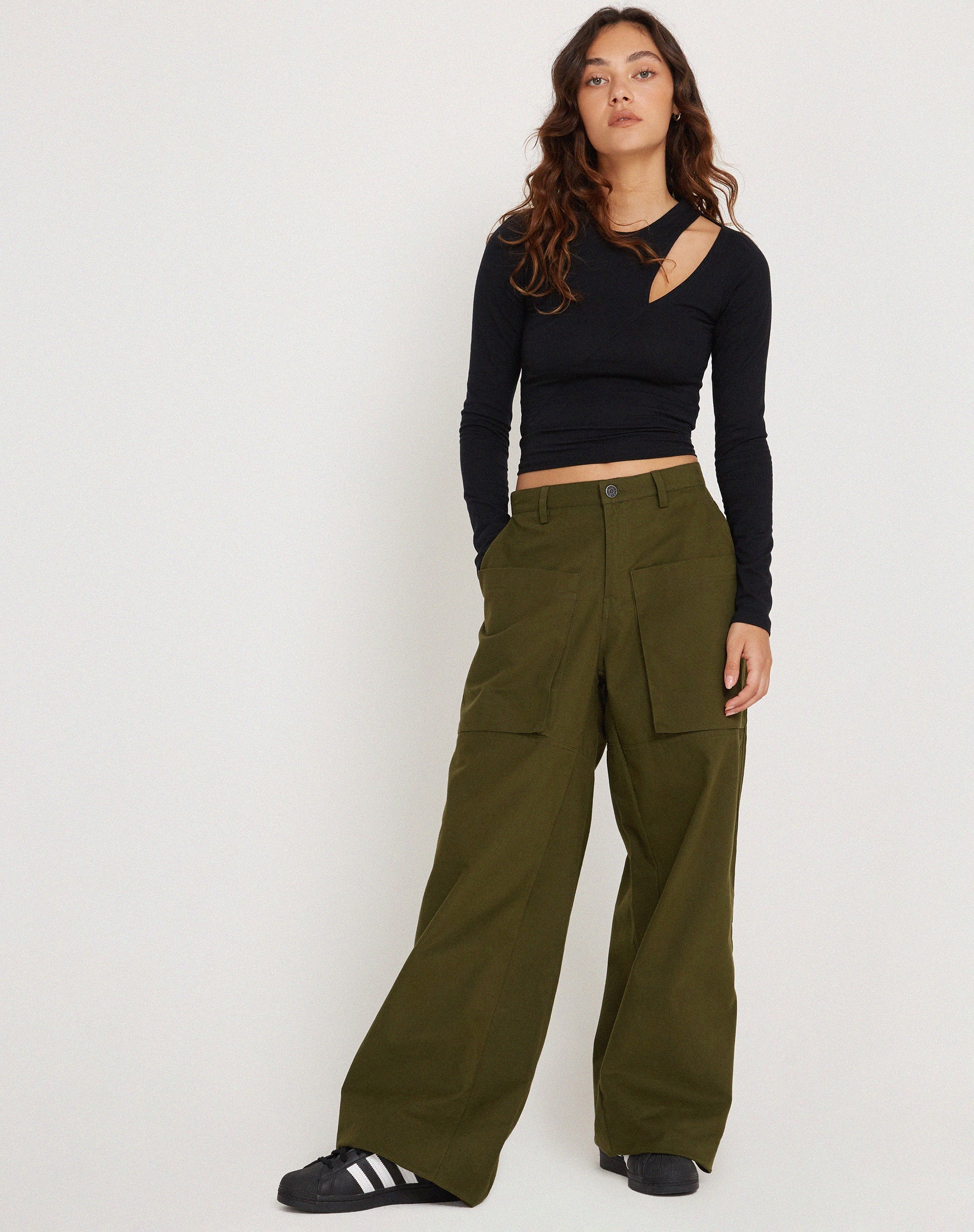 image of Phalia Wide Leg Cargo Trouser in Dark Olive