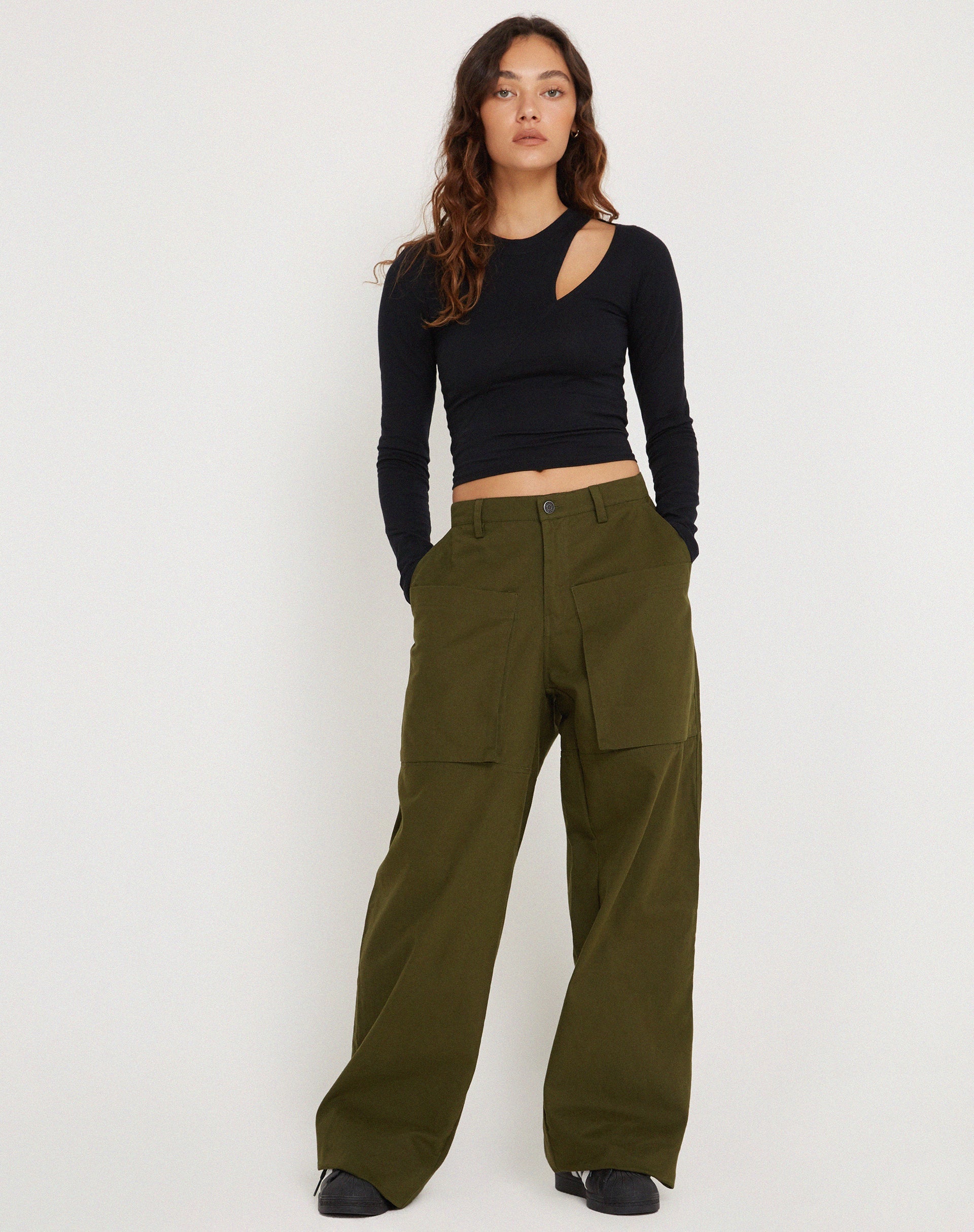 image of Phalia Wide Leg Cargo Trouser in Dark Olive