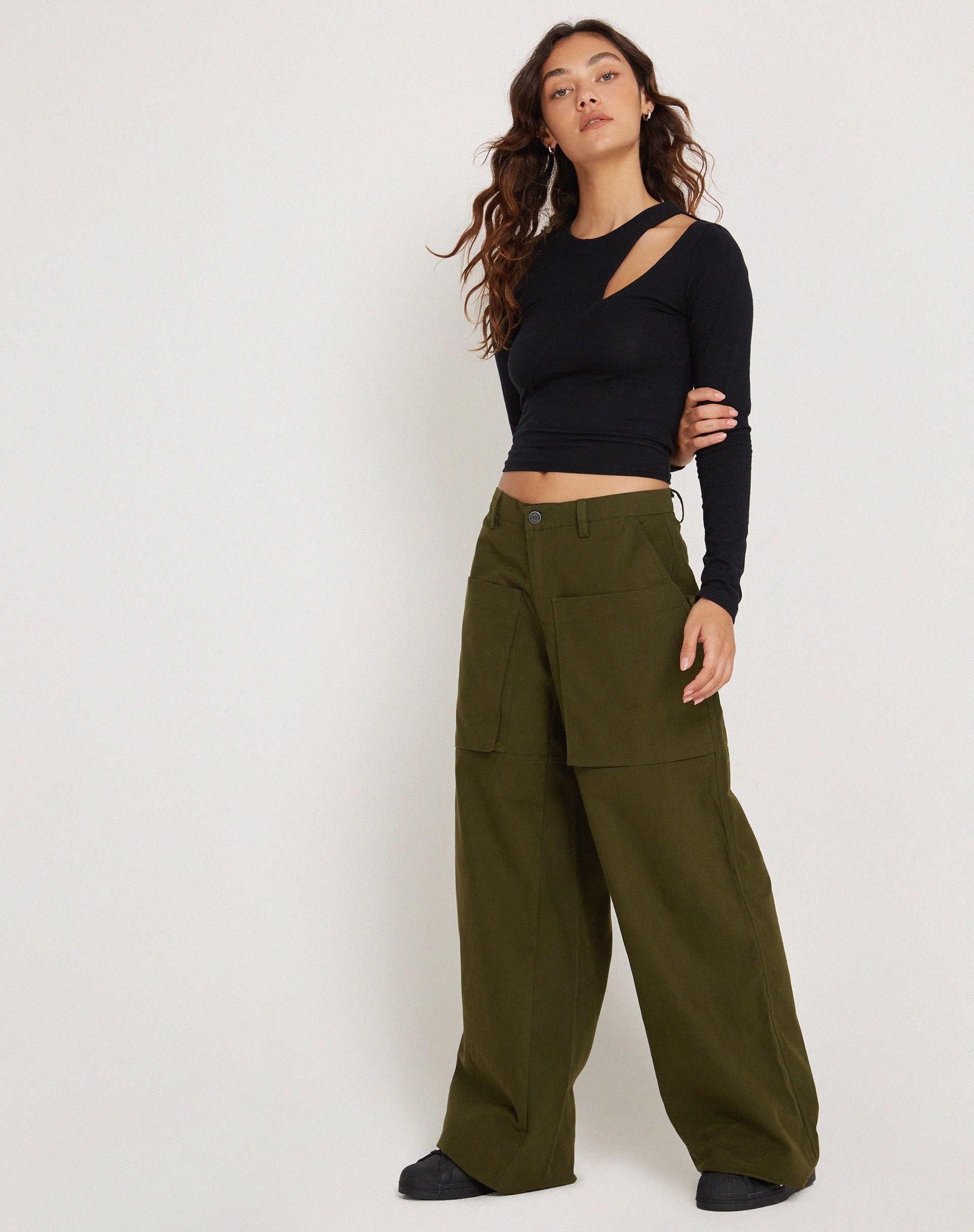 Dark Olive Wide Leg Cargo Trouser | Phalia – motelrocks-com-us