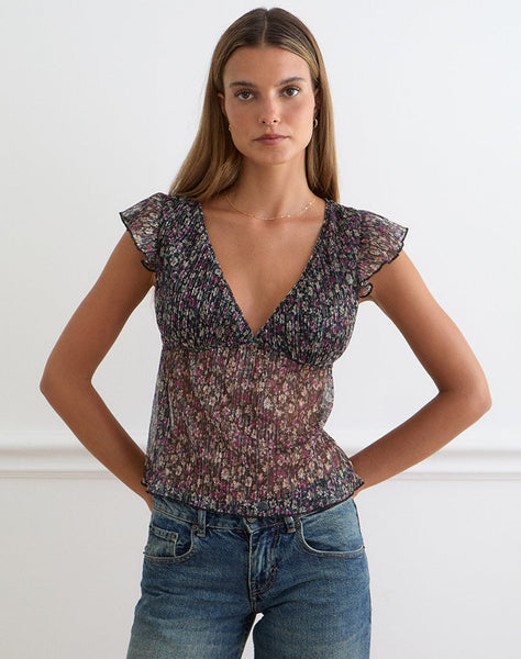 Grey Ditsy Floral Plisse Deep V Neck Top with Frill Sleeves