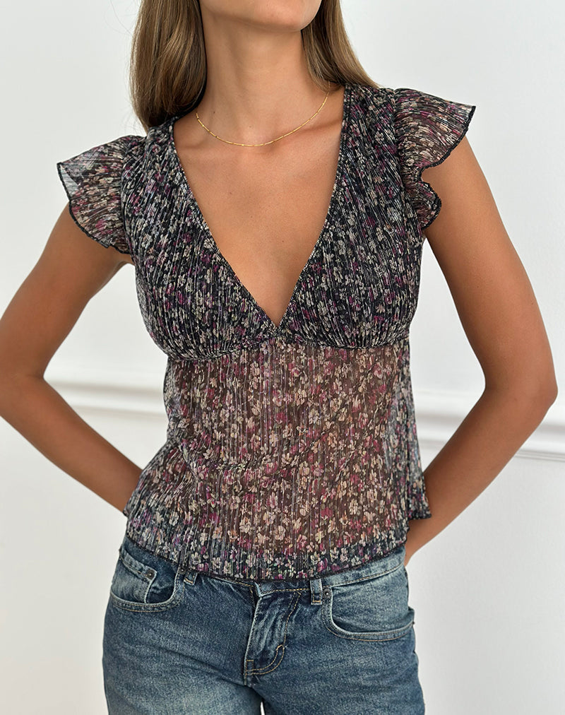 Grey Ditsy Floral Plisse Deep V Neck Top with Frill Sleeves