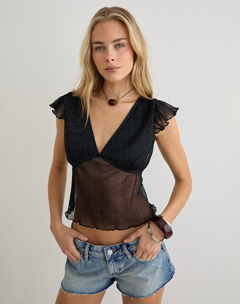 Pharita V Neck Top in Plisse Black