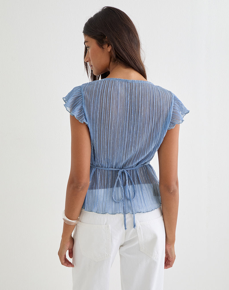 Blue Plisse Deep V Neck Top with Frill Sleeves | Pharita