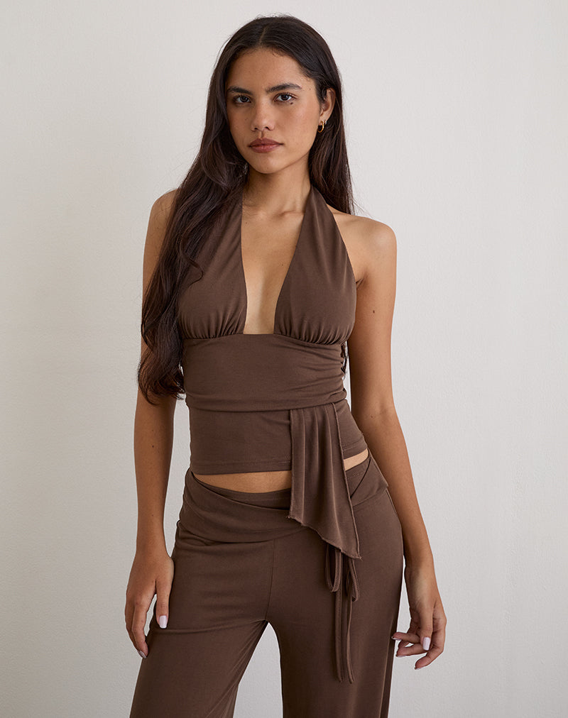 Prilla Halterneck Top in Cupro Dark Brown