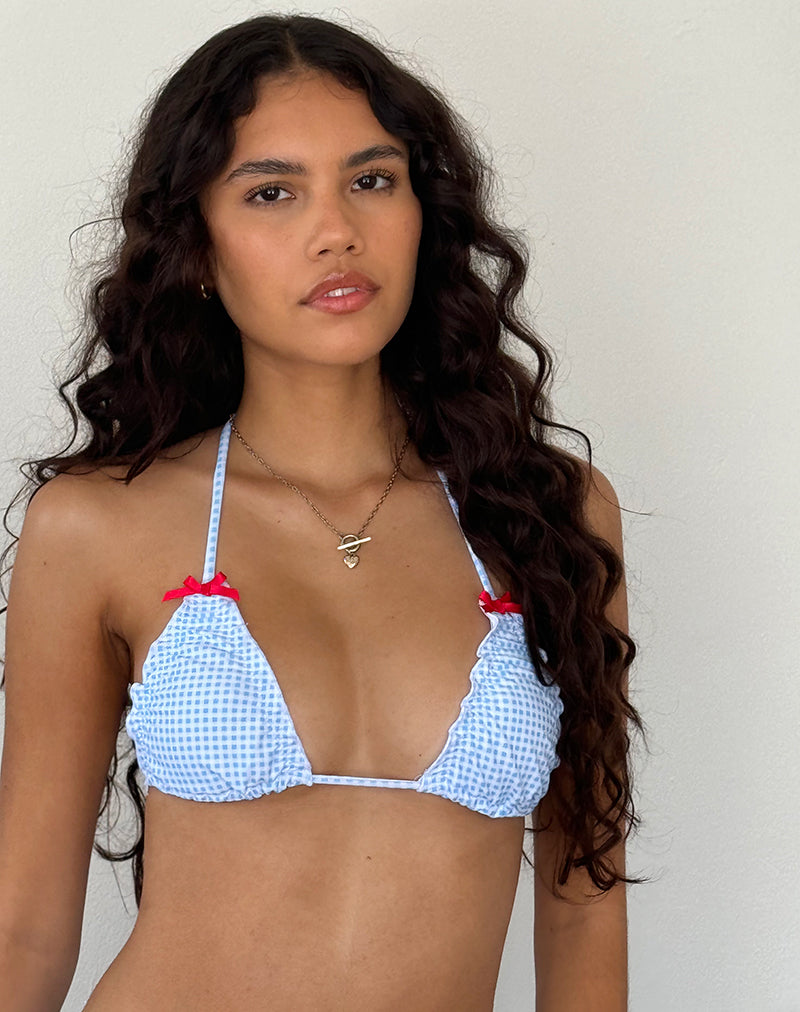 Pumyla Bikini Top in Blue Gingham with Bows