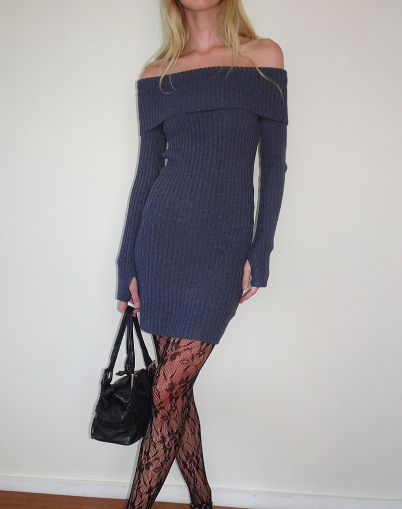 Queeva Knitted Bardot Mini Dress in Dark Charcoal , Long Sleeve Queeva Knitted Bardot Mini Dress in Dark Charcoal , Long Sleeve