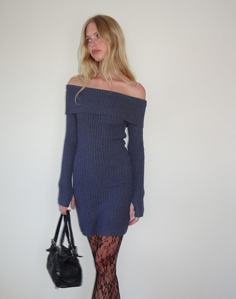 Queeva Knitted Bardot Mini Dress in Dark Charcoal