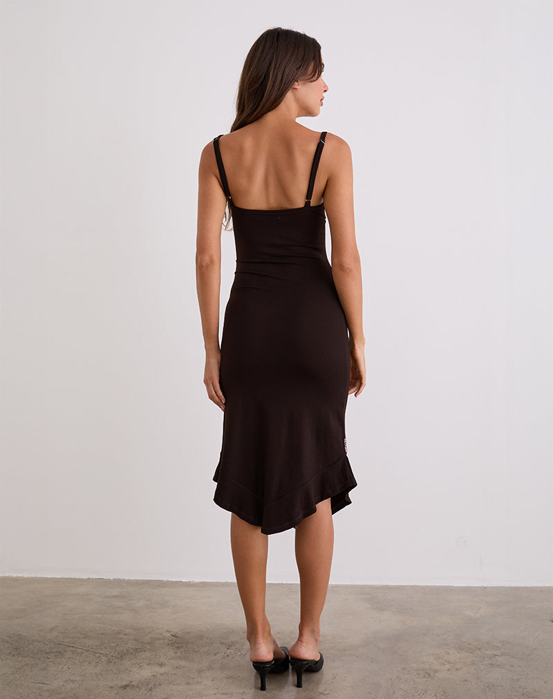Quelin Midi Dress in Chocolate Brown with Rose Embroidery , Plunge Neckline Quelin Midi Dress in Chocolate Brown with Rose Embroidery , Plunge Neckline