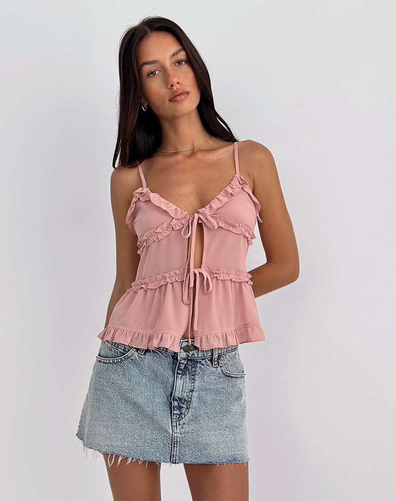 Pink Chiffon Tie Front Ruffle Cami Top | Raeya – motelrocks-com-us