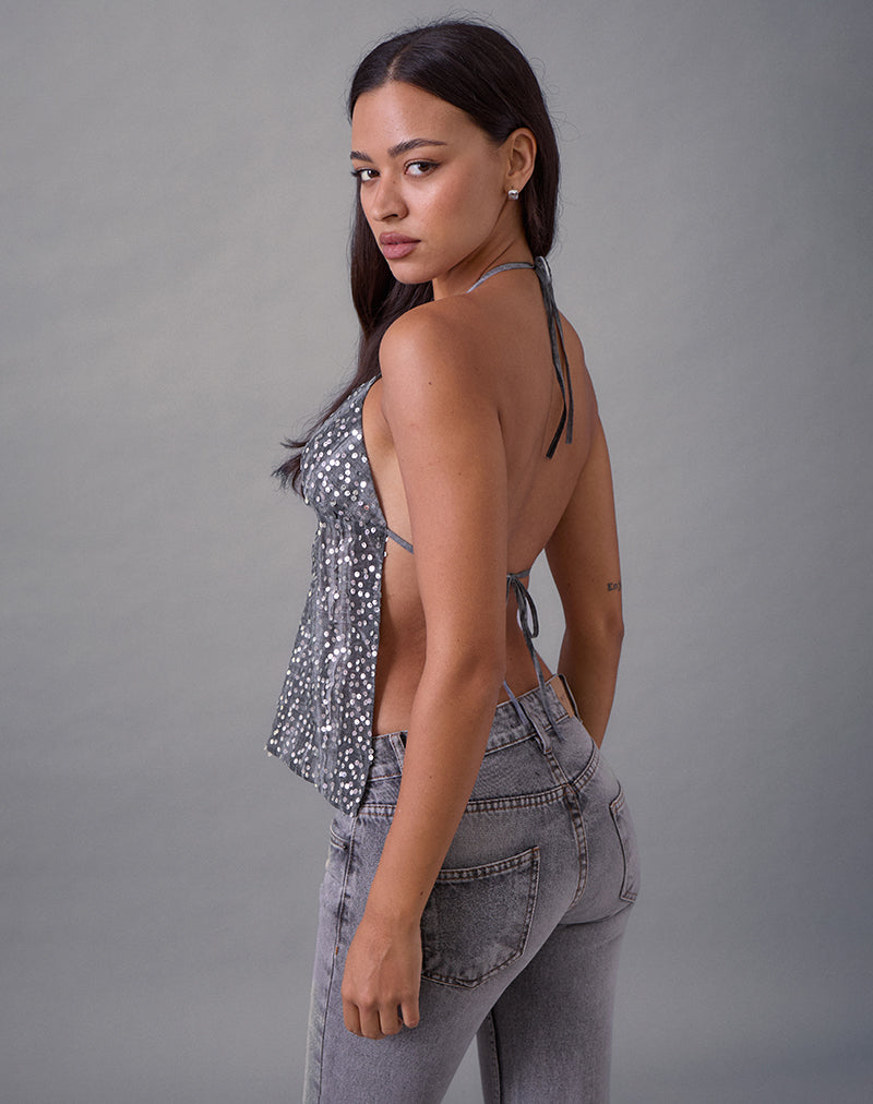 Grey Chiffon Sequin Halter Top | Rafina – motelrocks-com-us