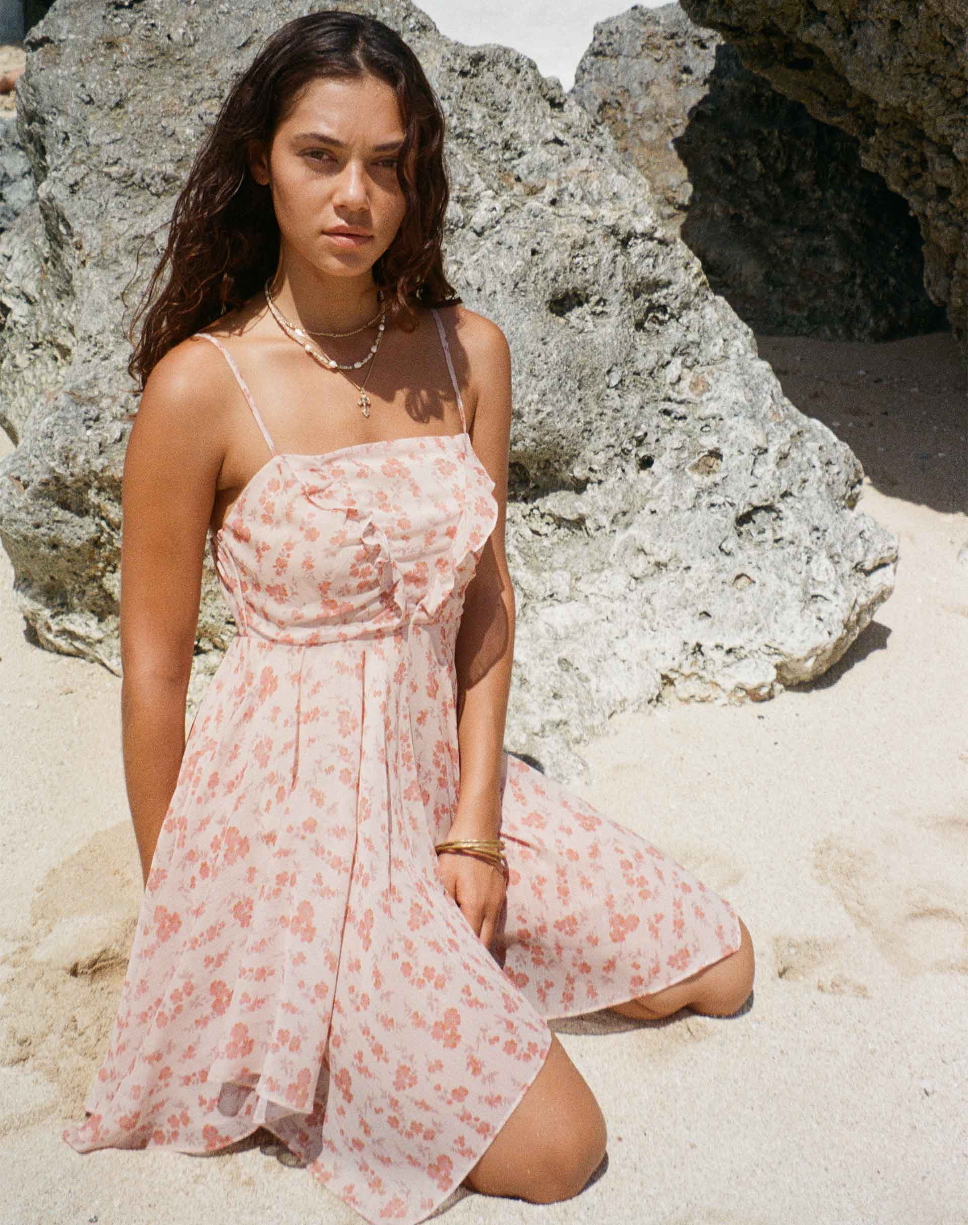Raftar Frill Chiffon Mini Dress in Peach Cherry Blossom Raftar Frill Chiffon Mini Dress in Peach Cherry Blossom